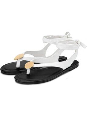Women's White Flat Metallic Accents Strappy Flip Flops Dressy Slides Sandals